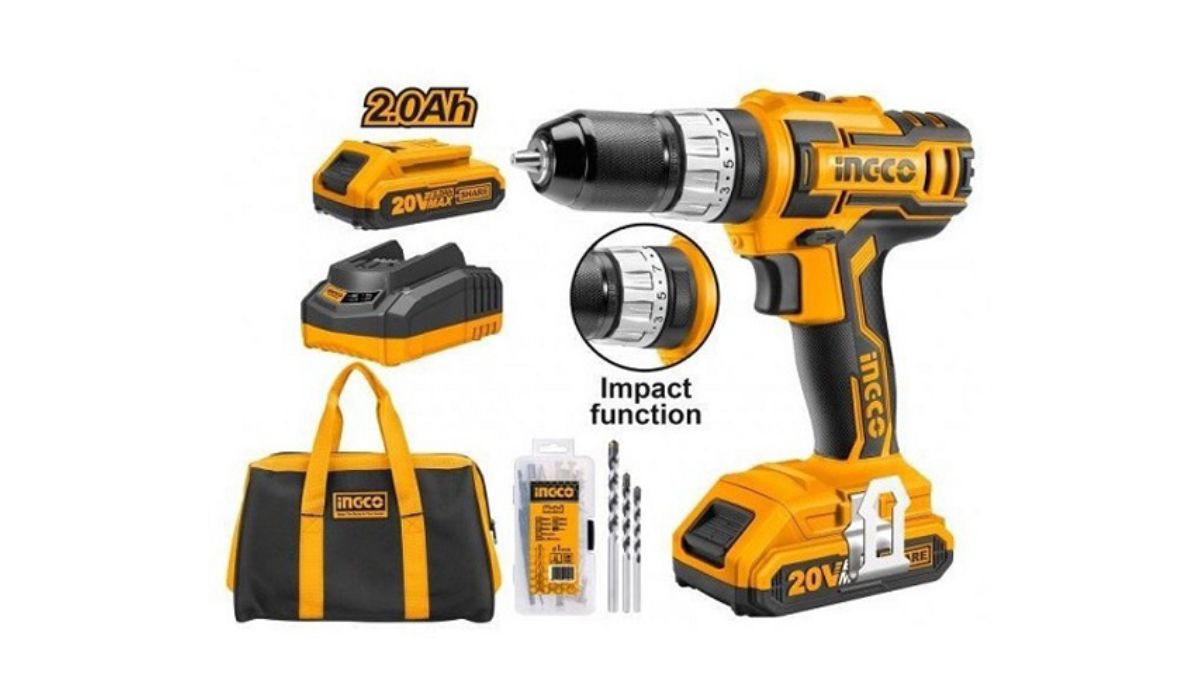 "Máy khoan pin Ingco 20V chính hãng kèm pin 2.0Ah, sạc nhanh, mũi khoan và túi đựng tiện lợi, máy khoan vặn vít cầm tay đa năng có chức năng búa"