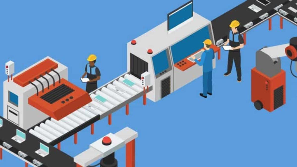 "Minh họa dây chuyền sản xuất tự động trong công nghiệp hiện đại với công nhân giám sát và kiểm soát chất lượng"