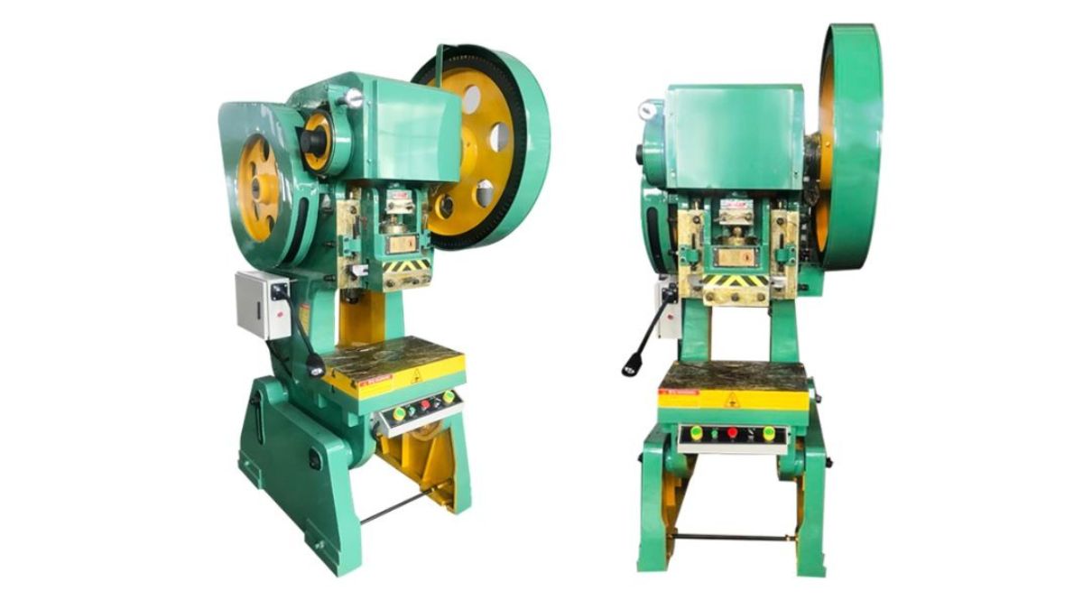 "Máy dập cơ khí J23-25 tấn, thiết bị dập tôn thép công nghiệp màu xanh vàng, hiệu suất cao cho gia công kim loại."