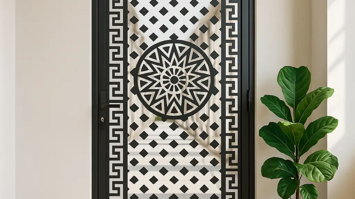 "Mẫu cửa sắt CNC hoa văn trống đồng kết hợp họa tiết hình học hiện đại, thiết kế sang trọng làm cửa chính và trang trí nội thất"