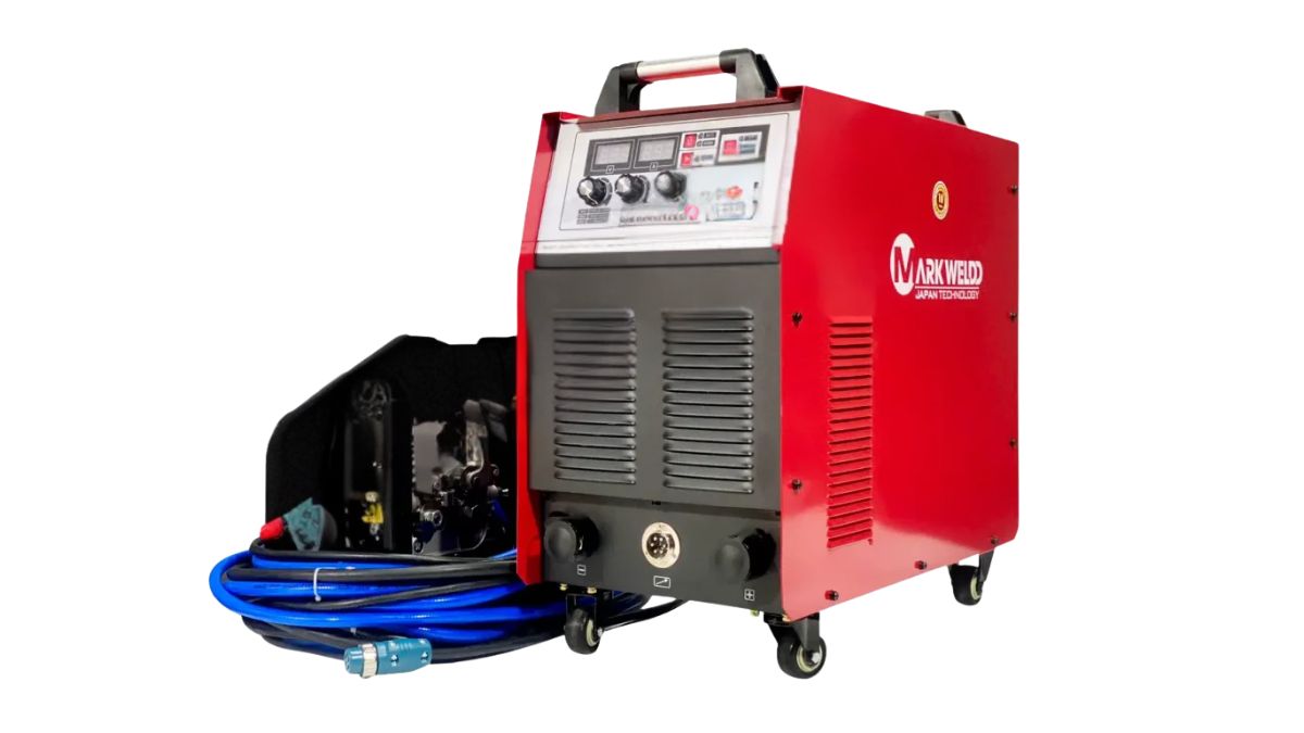 "Máy hàn MIG Mark Weld công nghệ Nhật Bản, thiết kế màu đỏ hiện đại, đi kèm dây dẫn và phụ kiện – giải pháp hàn MIG chất lượng cao cho công nghiệp cơ khí và xây dựng"