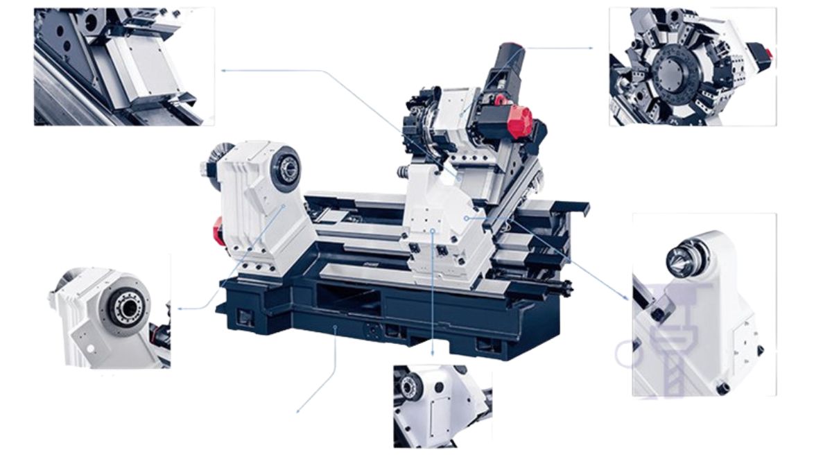 "Cấu tạo máy tiện CNC hiện đại với các bộ phận chính: trục chính, ụ động, bàn dao và đầu dao tự động."