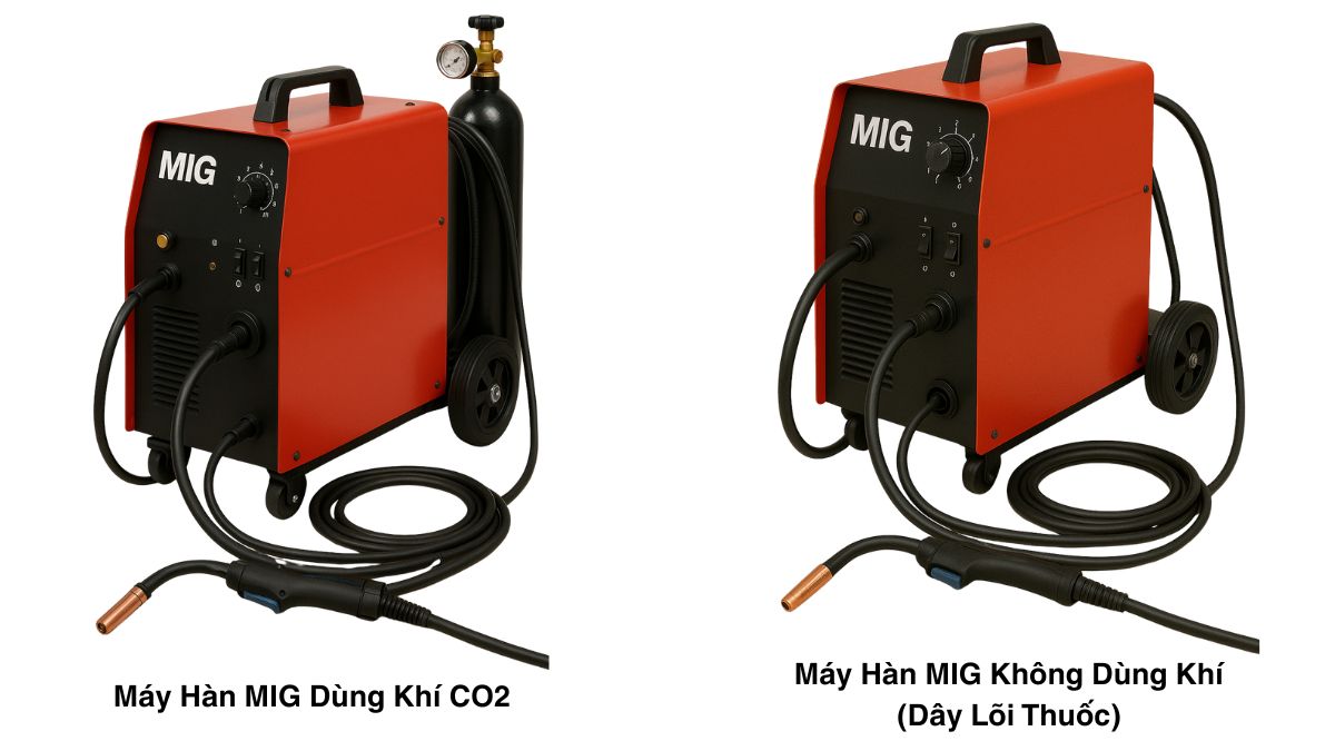 so sánh máy hàn MIG dùng khí CO2 và máy hàn MIG không dùng khí (dây lõi thuốc), thiết bị hàn MIG phổ biến trong gia công cơ khí và công nghiệp.