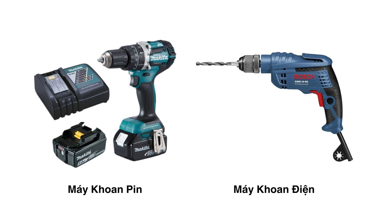 "Máy khoan pin Makita 18V so sánh với máy khoan điện Bosch, hình ảnh minh họa sự khác biệt giữa khoan dùng pin và khoan dùng điện cho thợ xây dựng và gia đình."
