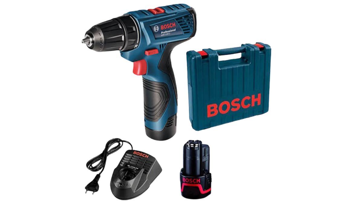 "Máy khoan pin Bosch Professional chính hãng, đi kèm hộp nhựa cứng, 2 pin sạc và bộ sạc nhanh, thiết kế nhỏ gọn mạnh mẽ cho thợ chuyên nghiệp."