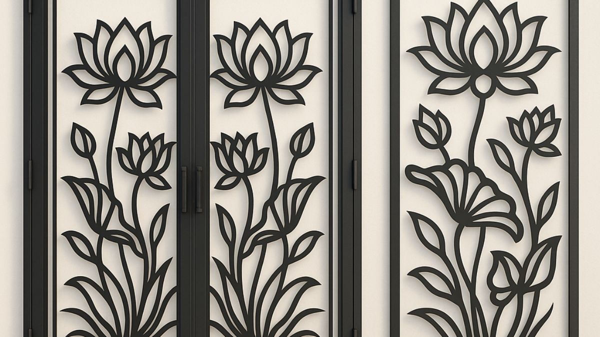 "Mẫu cửa cổng CNC hoa văn hoa sen hiện đại, thiết kế sắt mỹ thuật tinh xảo, phù hợp làm cửa chính và vách ngăn trang trí sang trọng"