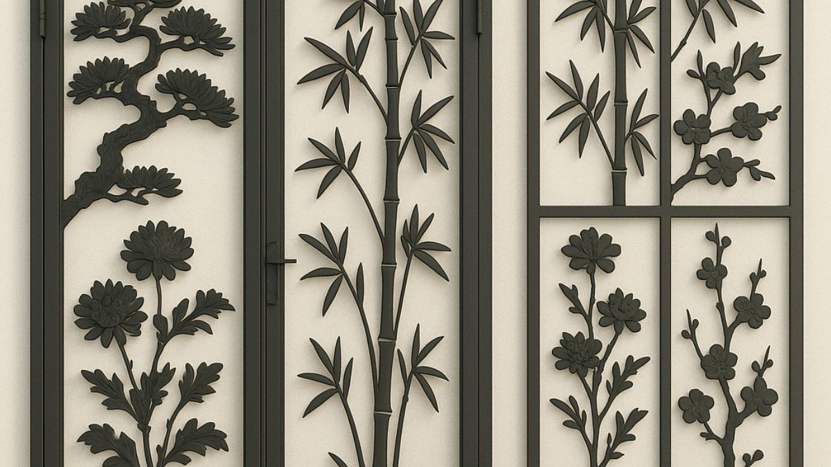 "Mẫu cửa cổng CNC Tùng Cúc Trúc Mai bằng sắt mỹ thuật, thiết kế hoa văn truyền thống tinh xảo, phù hợp làm cửa chính và vách ngăn trang trí phong thủy"