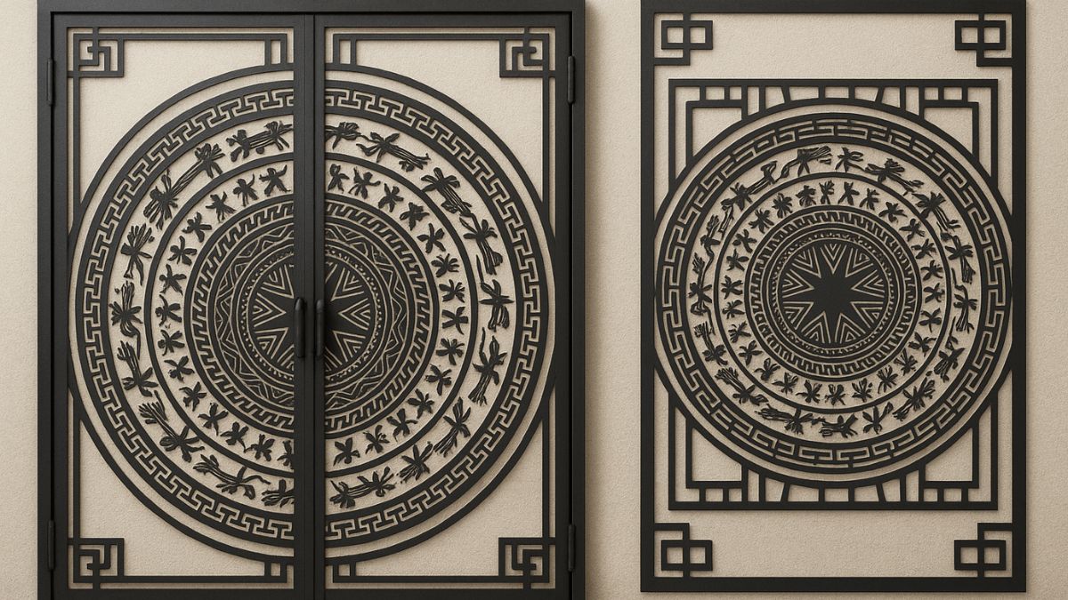 "Mẫu cửa cổng CNC hoa văn Trống Đồng bằng sắt mỹ thuật, thiết kế đối xứng tinh xảo, phù hợp làm cửa chính và vách ngăn trang trí hiện đại"