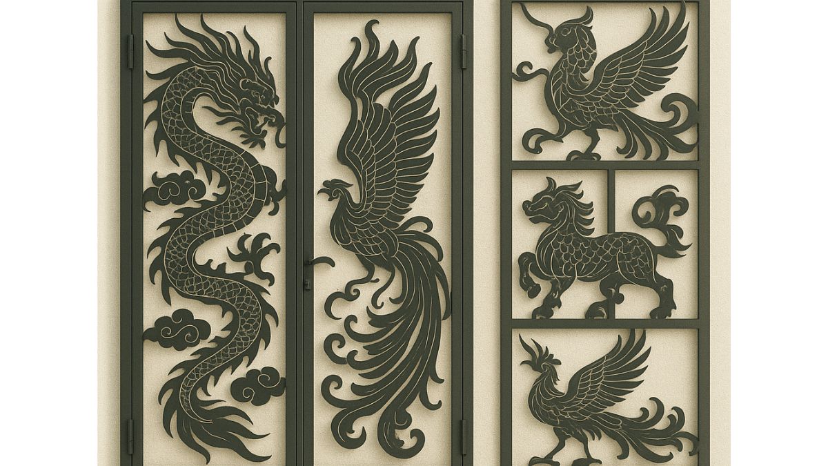 "Mẫu cửa sắt CNC Tứ Linh Long – Lân – Quy – Phụng, hoa văn tinh xảo mang ý nghĩa phong thủy, thiết kế sang trọng cho cổng và cửa chính"