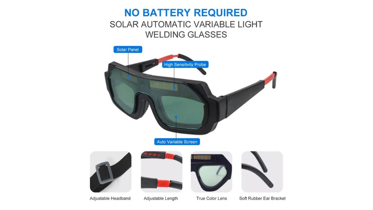 "Kính hàn tự động năng lượng mặt trời không cần pin, trang bị cảm biến nhạy, màn hình đổi màu tự động, gọng cao su mềm và thấu kính trong suốt bảo vệ mắt thợ hàn"