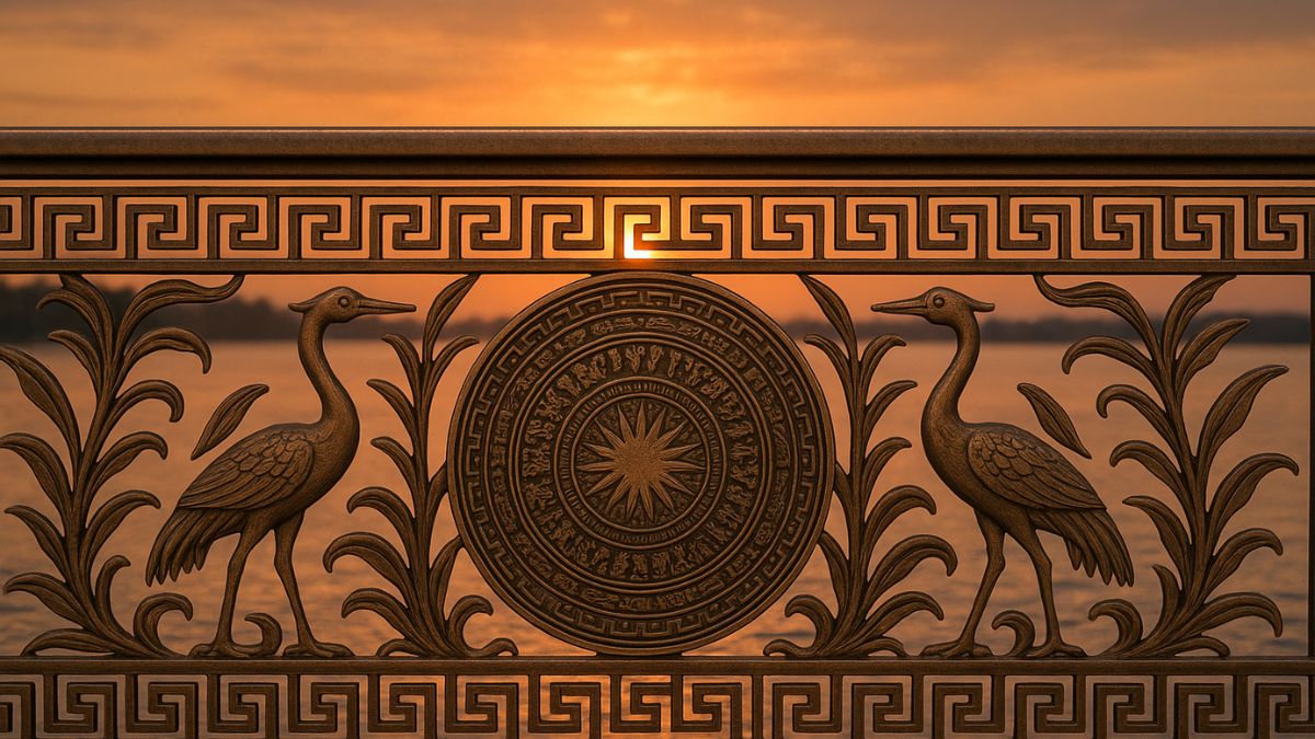 "Lan can họa tiết trống đồng chim hạc bằng đồng đúc tinh xảo, hoa văn truyền thống Việt Nam"