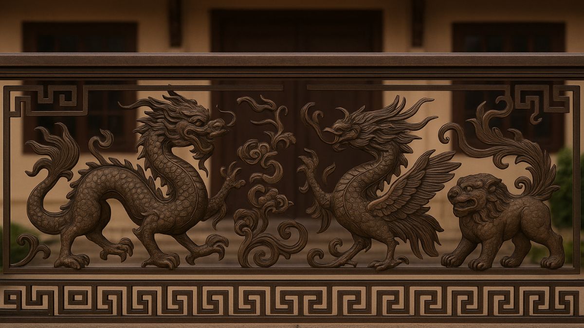 "Lan can hoa văn động vật phong thủy bằng đồng với rồng, phượng và kỳ lân, thiết kế sang trọng và ý nghĩa phong thủy."