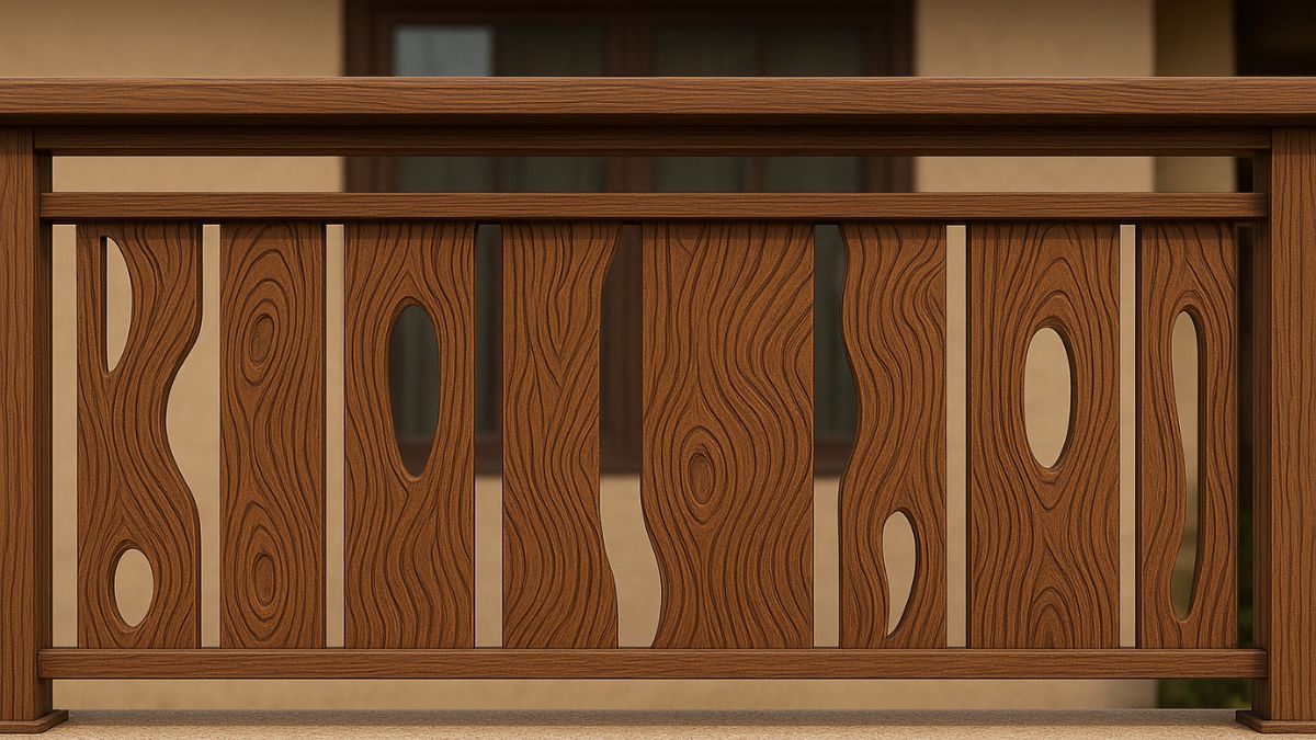 "Mẫu lan can sắt CNC giả gỗ đẹp, hoa văn vân gỗ tự nhiên, thiết kế hiện đại sang trọng cho ban công và cầu thang ngoài trời."