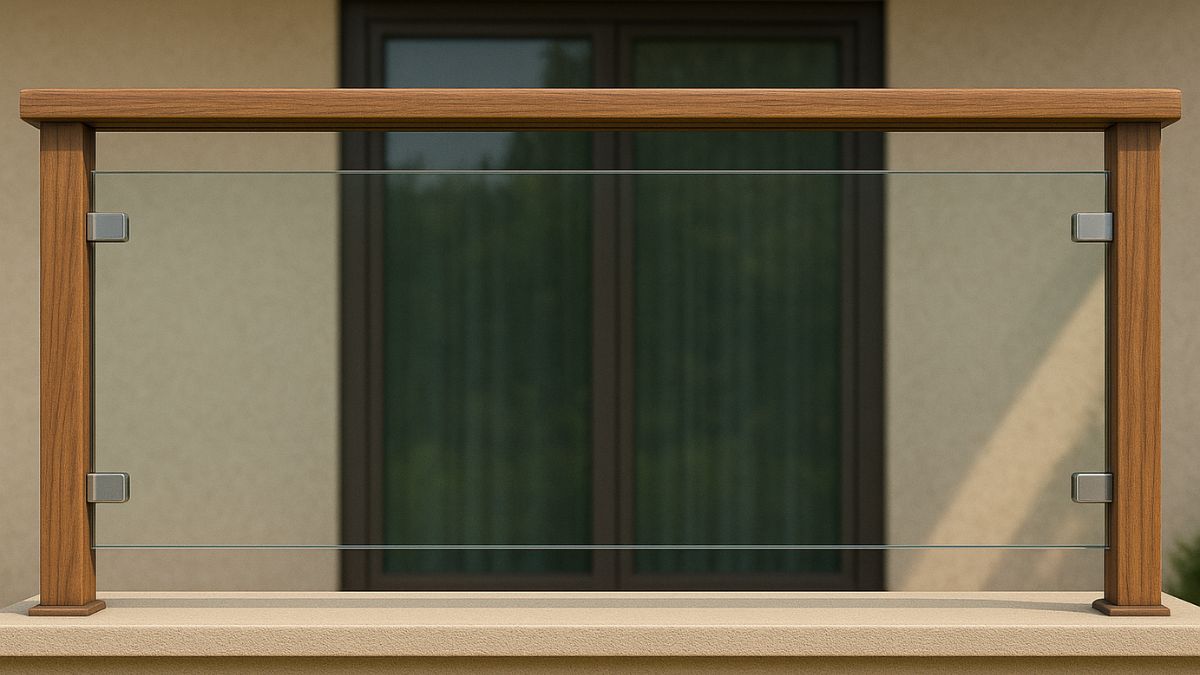 "Mẫu lan can kết hợp kính cường lực và trụ gỗ, thiết kế hiện đại sang trọng cho ban công nhà ở, đảm bảo an toàn và tính thẩm mỹ."