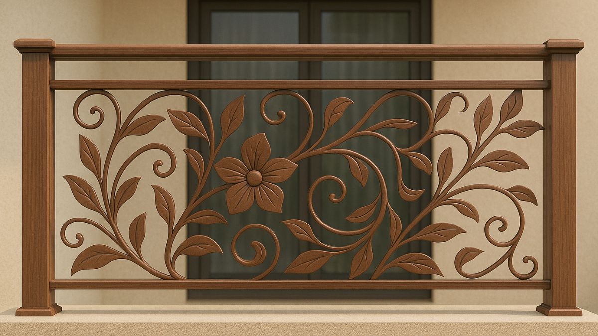 "Mẫu lan can hoa lá thiên nhiên mềm mại, họa tiết uốn lượn nghệ thuật, thiết kế sang trọng tạo điểm nhấn thẩm mỹ cho ban công và cầu thang."