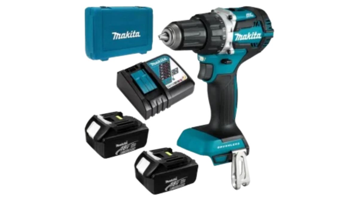 "Máy khoan pin Makita chính hãng, đi kèm 2 pin sạc 18V, bộ sạc nhanh và hộp đựng tiện lợi, công nghệ không chổi than mạnh mẽ cho thợ chuyên nghiệp."