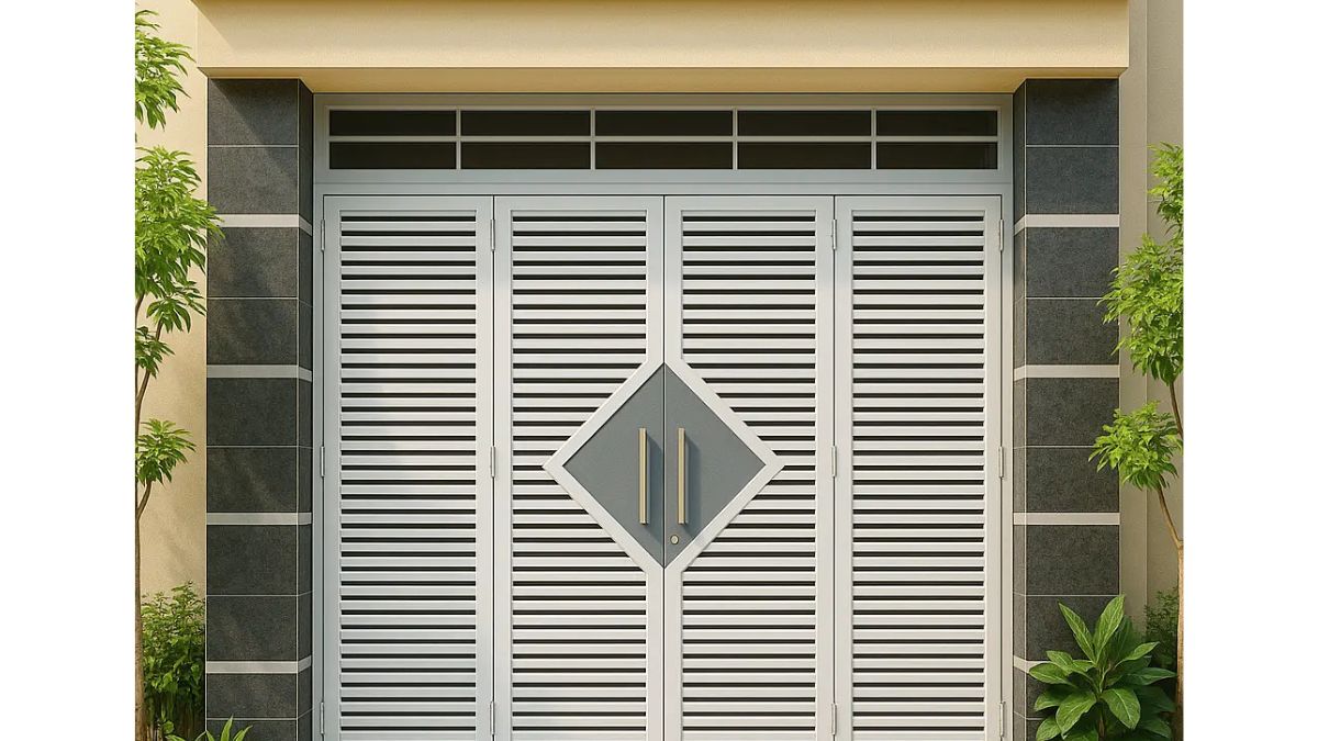 "Mẫu cổng sắt 4 cánh đẹp hiện đại màu xám ghi, thiết kế song ngang thoáng mát, phù hợp nhà phố sang trọng"