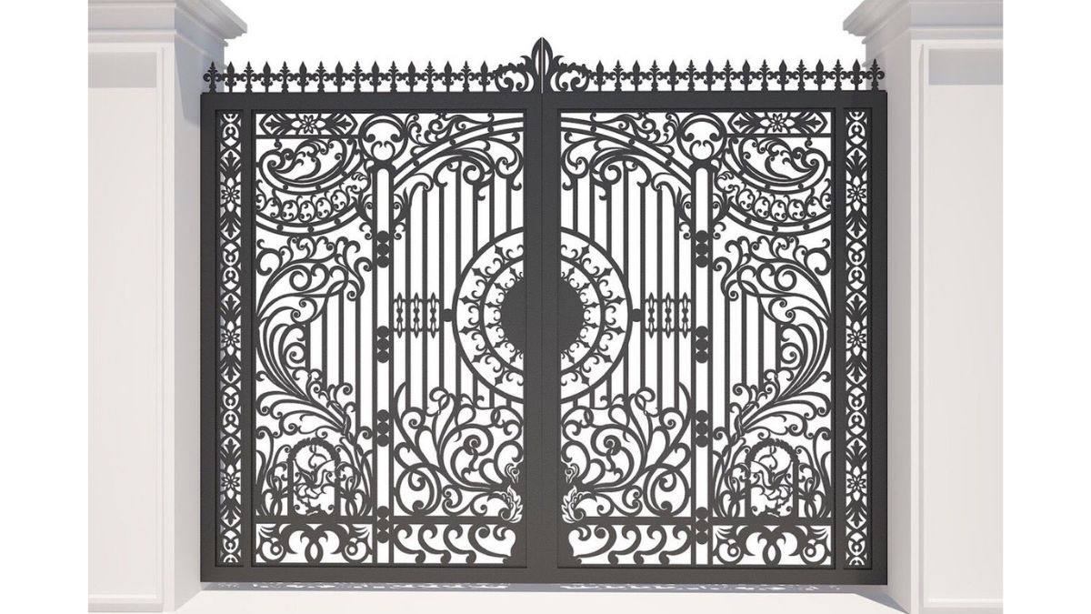 Mẫu cổng sắt cắt CNC hoa văn tinh tế, thiết kế nghệ thuật với các chi tiết uốn lượn, tạo nên vẻ đẹp sang trọng cho công trình