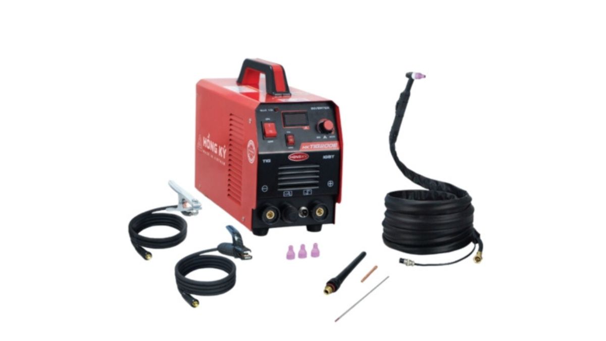 "Máy hàn inox Hồng Ký TIG 200R đi kèm phụ kiện đầy đủ dây hàn, kìm hàn và đầu hàn chuyên dụng"