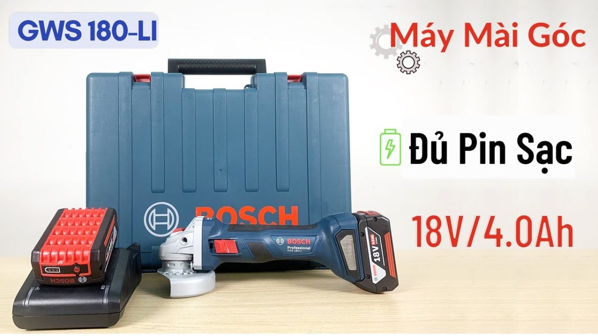 "Máy mài góc Bosch GWS 180-LI dùng pin 18V 4.0Ah kèm sạc và hộp đựng chính hãng"