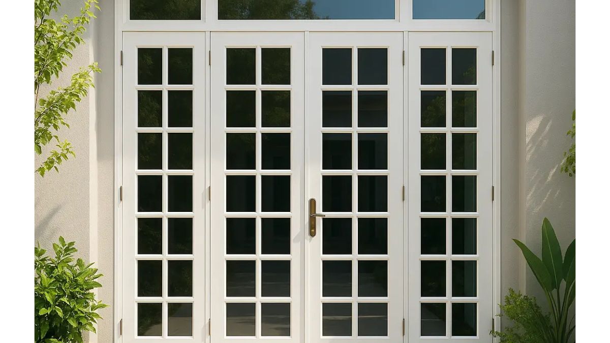 "Cửa sắt 4 cánh kính khung trắng hiện đại, thiết kế ô vuông phong cách châu Âu"