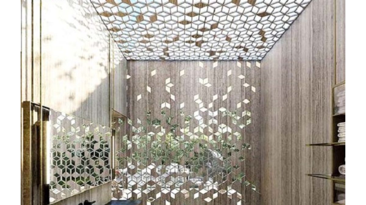 Giếng trời CNC với thiết kế hình khối độc đáo, ánh sáng tự nhiên chiếu vào qua các ô vuông tinh xảo, tạo không gian thoáng đãng và thẩm mỹ cho ngôi nhà