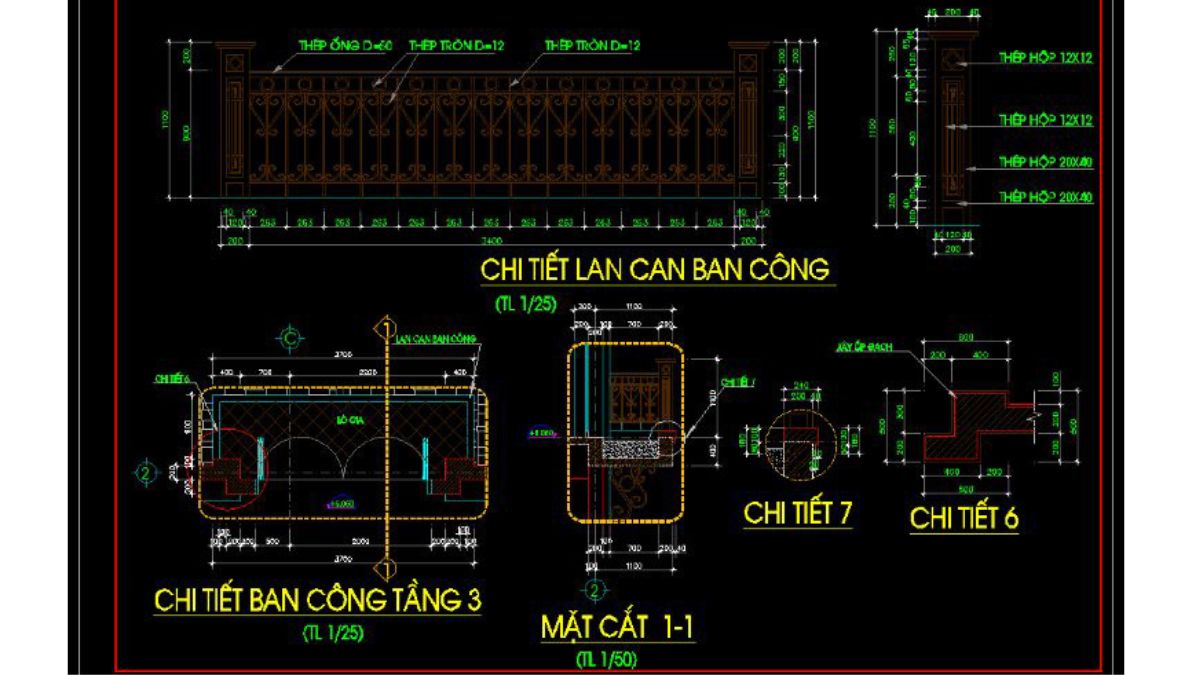 Bản vẽ kỹ thuật lan can kính cường lực mặt tiền chi tiết, dễ thi công
