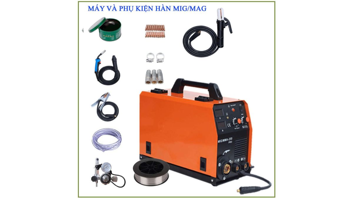 "Máy hàn MIG/MAG 250 và bộ phụ kiện đầy đủ: súng hàn, dây hàn, kìm hàn, ống dẫn khí, đầu cos, mỏ hàn và cuộn dây hàn"