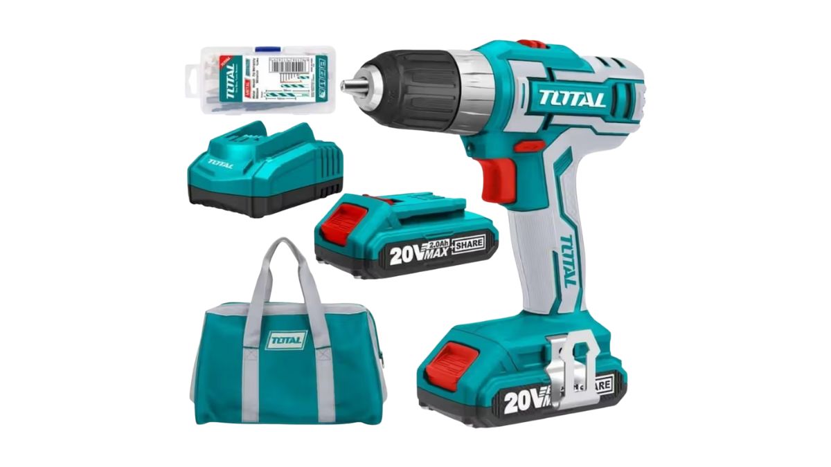 "Máy khoan pin Total 20V kèm 2 pin sạc, bộ sạc nhanh, mũi khoan và túi đựng tiện dụng, thiết kế nhỏ gọn mạnh mẽ cho thợ xây dựng và gia đình."