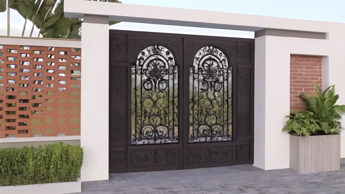 "Cổng sắt CNC 2 cánh với thiết kế hoa văn cổ điển, tạo điểm nhấn sang trọng cho nhà phố và biệt thự."