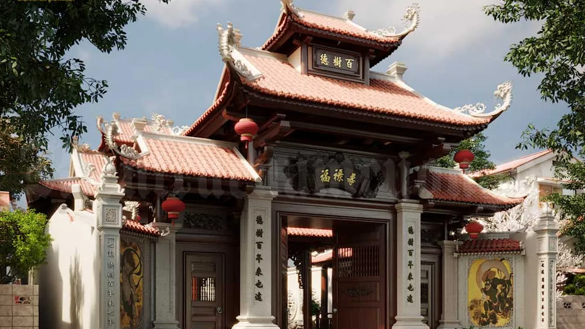 Cổng chùa bê tông giả gỗ cổ kính, chạm khắc tinh xảo