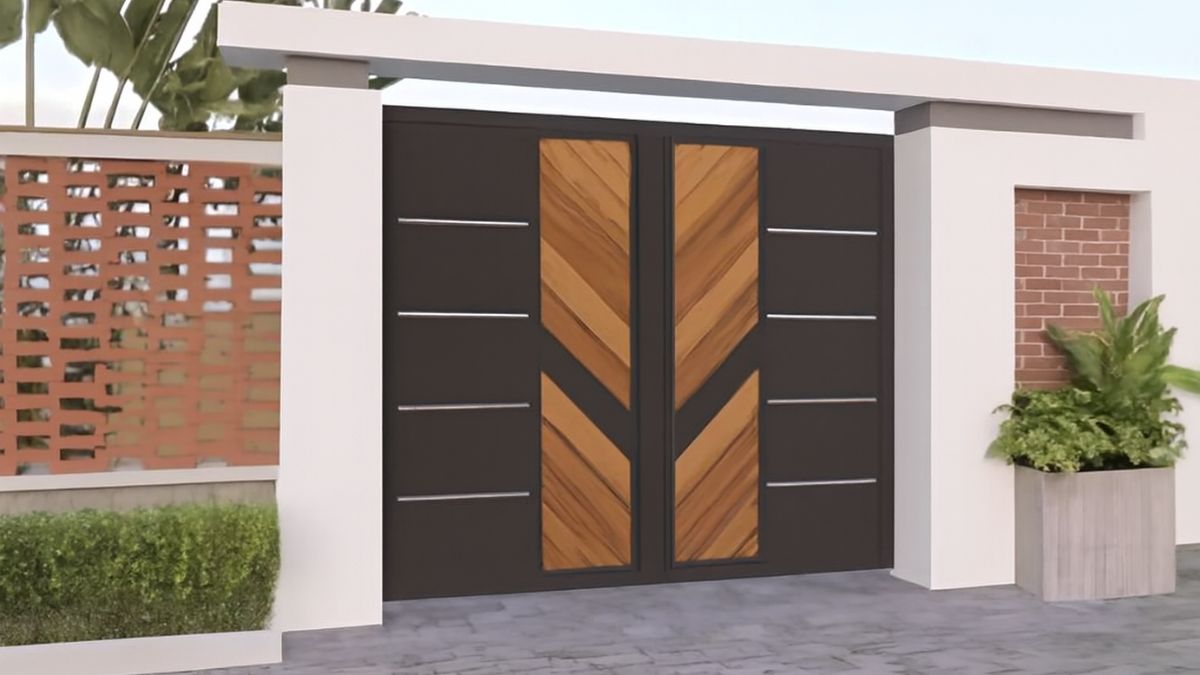 "Cổng CNC 2 cánh kết hợp thiết kế kim loại và gỗ tự nhiên, tạo điểm nhấn hiện đại cho không gian nhà phố và biệt thự."