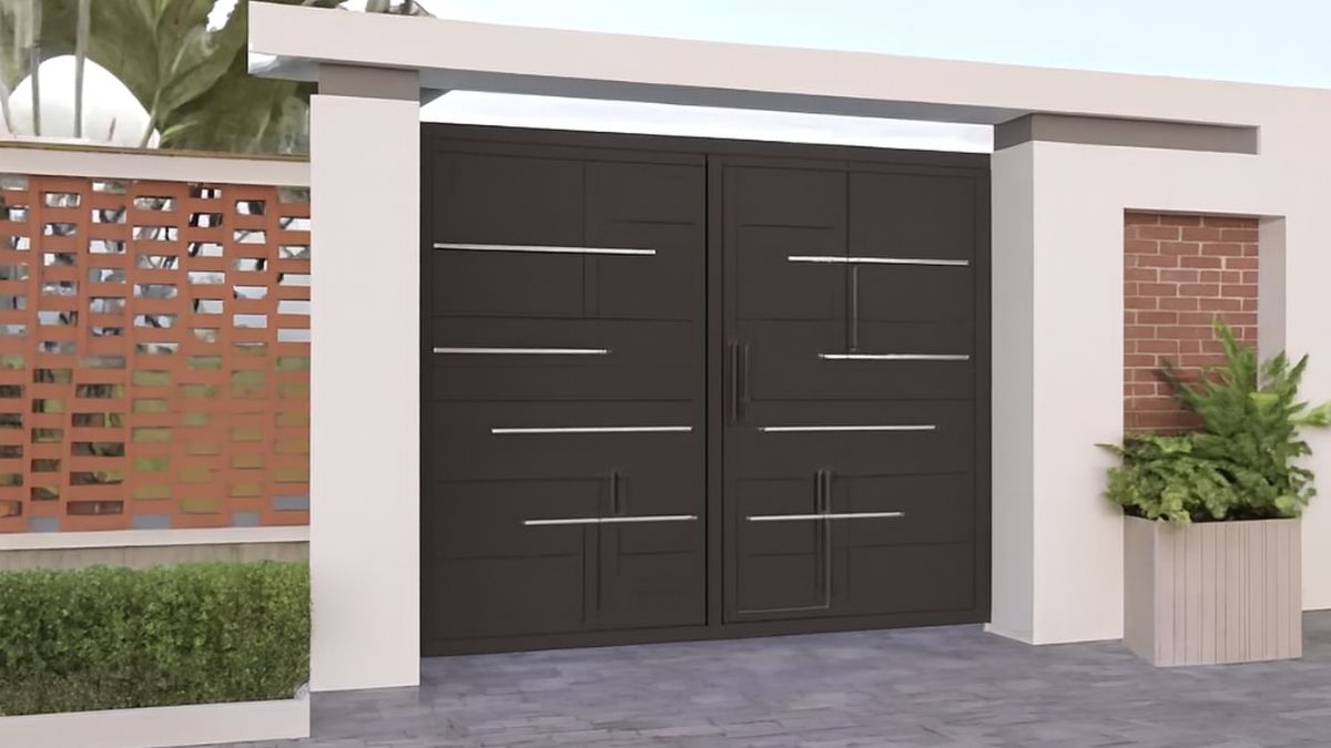 "Cổng CNC 2 cánh với thiết kế hiện đại, các thanh ngang thanh mảnh, màu đen sang trọng, phù hợp cho nhà phố và biệt thự."