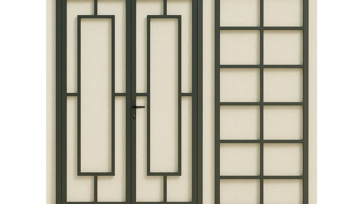 "Mẫu cửa sắt CNC hiện đại với họa tiết hình học đơn giản, thiết kế khung vuông và chữ nhật tinh tế, phù hợp làm cửa chính và vách ngăn trang trí nhà phố."