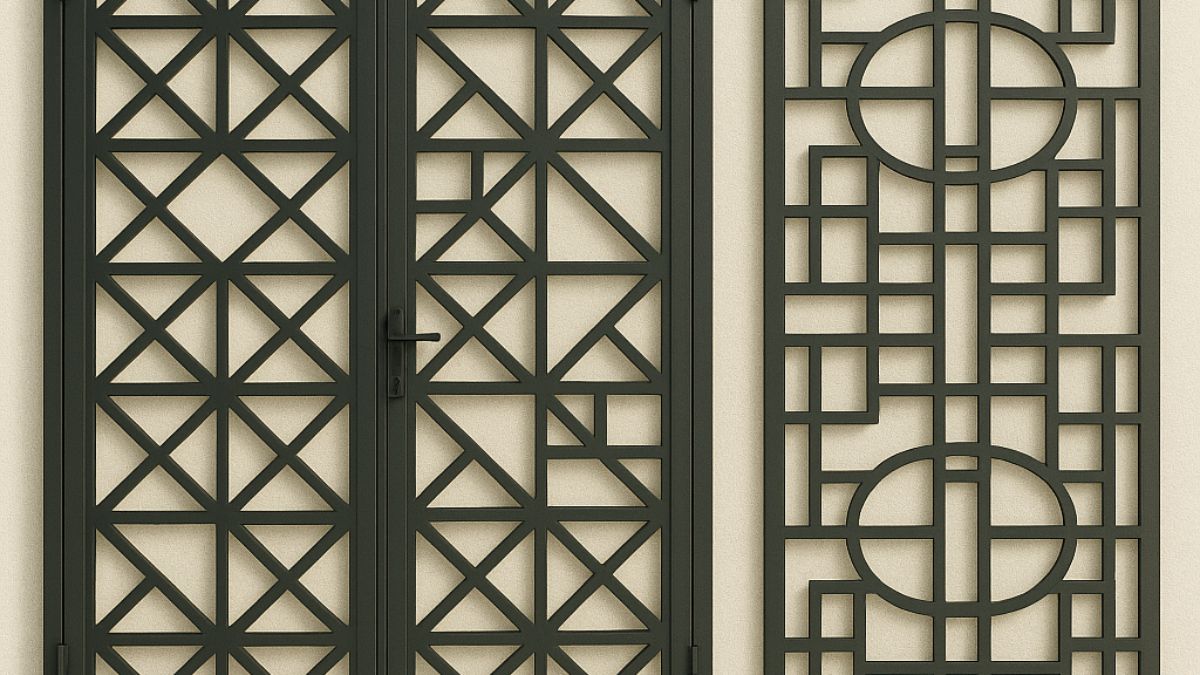 "Mẫu cửa cổng CNC hoa văn hình học hiện đại, thiết kế sắt mỹ thuật tối giản, phù hợp làm cửa chính và vách ngăn trang trí sang trọng"