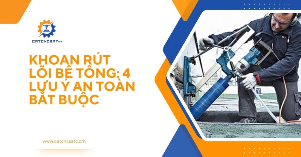 "Khoan rút lõi bê tông bằng máy khoan công nghiệp, hình ảnh minh họa 4 lưu ý an toàn bắt buộc khi thi công khoan rút lõi trong xây dựng."
