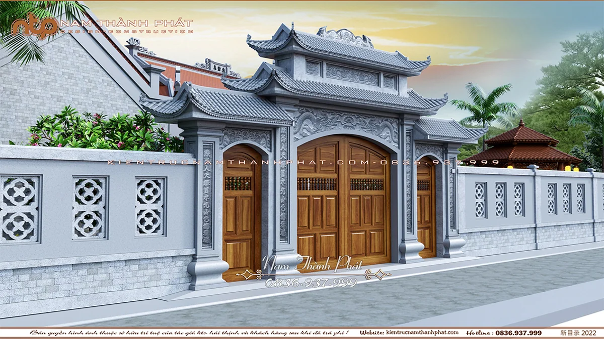 "Mẫu Cổng Chùa Kết Hợp Tường Rào Hoa Gió Tạo Cảm Giác Bí Bách, Giúp Không Gian Chùa Hòa Mình Với Thiên Nhiên."