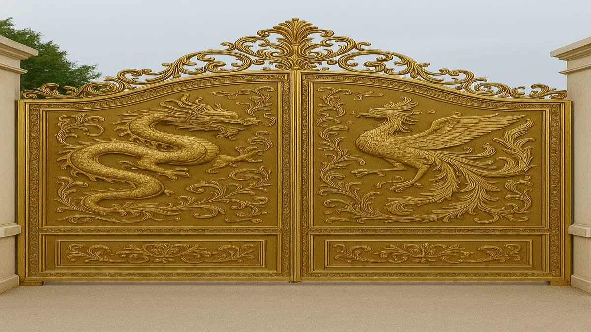 Mẫu cổng họa tiết Rồng Phượng đối xứng bằng nhôm đúc cao cấp cho biệt thự sang trọng