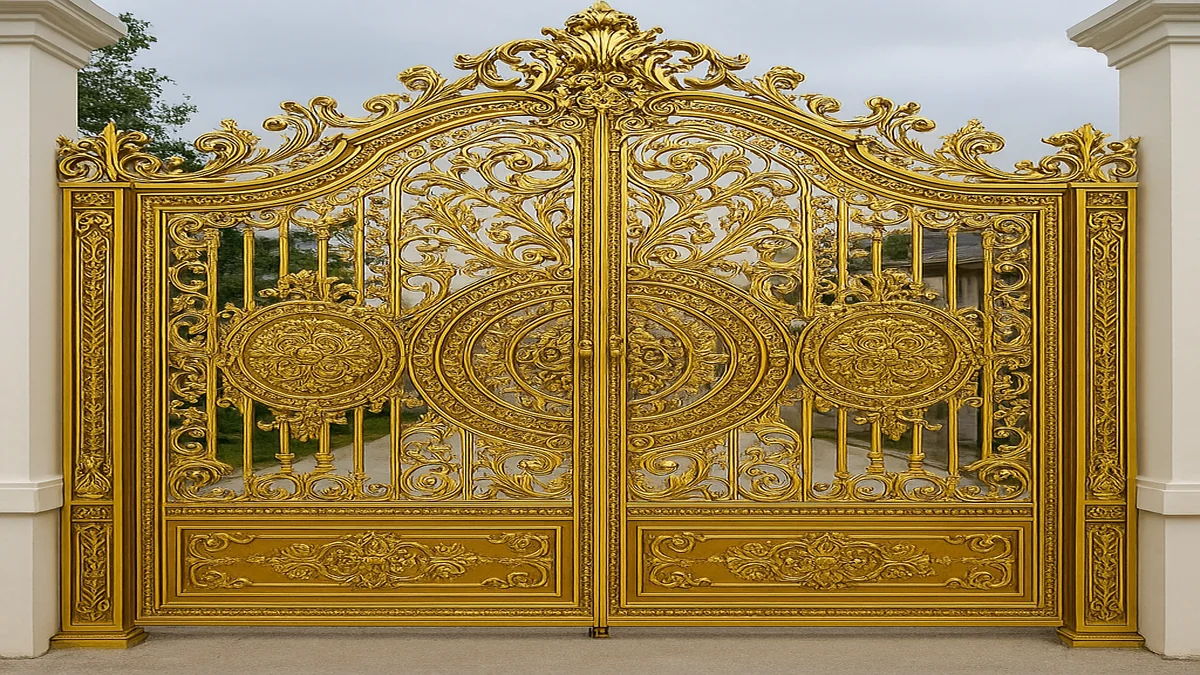 Mẫu cổng nhôm đúc mạ vàng 24K sang trọng, thiết kế hoàng gia đẳng cấp cho biệt thự