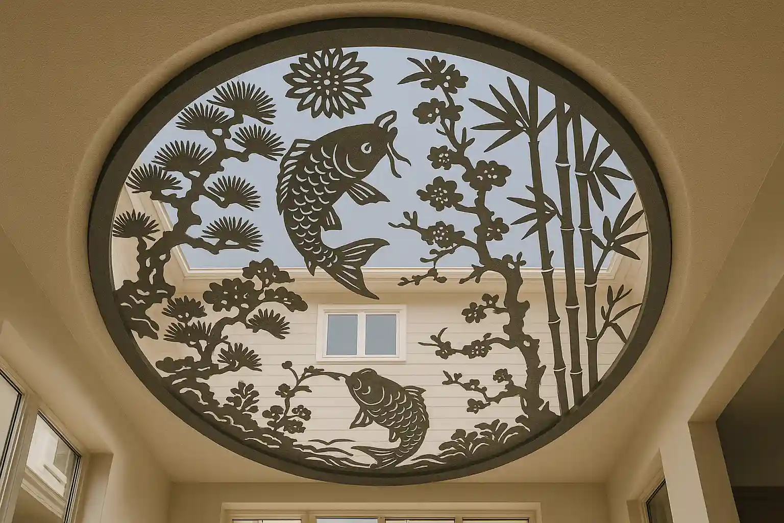 Mẫu giếng trời sắt CNC phong thủy với họa tiết cá chép vượt vũ môn, tùng cúc trúc mai, thiết kế sắc nét, kết hợp hài hòa trong không gian nhà hiện đại, mang ý nghĩa may mắn, tài lộc và thịnh vượng