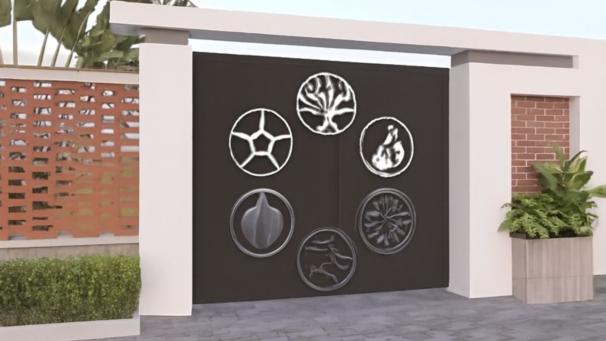 "Cổng CNC 2 cánh với thiết kế hoa văn hình học độc đáo, tạo điểm nhấn nghệ thuật cho không gian nhà phố và biệt thự."