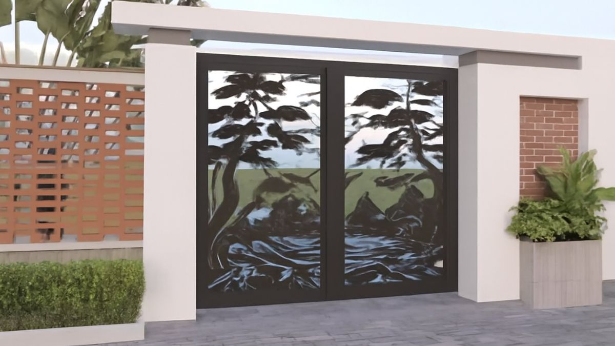 "Cổng CNC 2 cánh thiết kế hoa văn phong cảnh thiên nhiên, cây cối và suối nước, tạo điểm nhấn nghệ thuật cho không gian nhà phố."