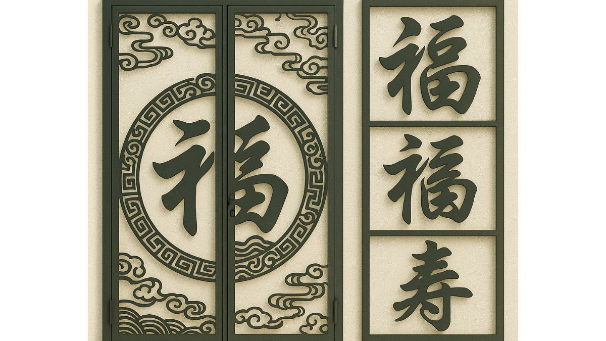 "Mẫu cửa sắt CNC chữ Phúc Lộc Thọ, hoa văn chữ Hán ý nghĩa phong thủy, thiết kế sang trọng cho cổng nhà ở và biệt thự"