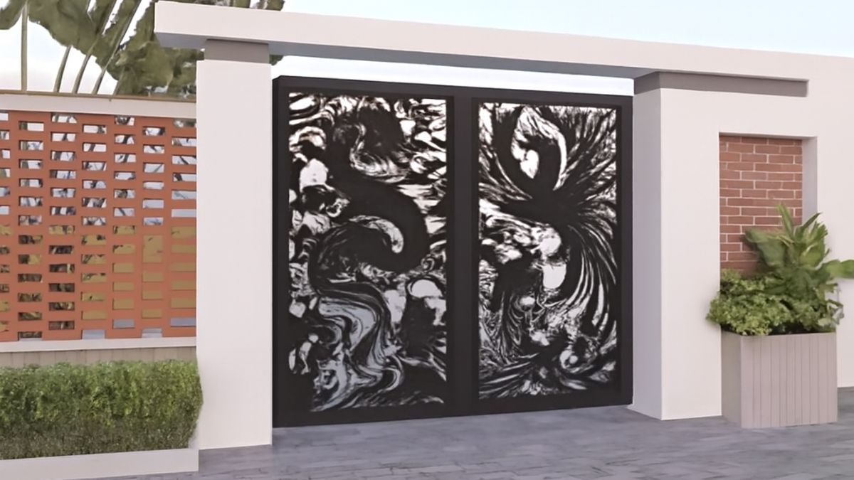 "Cổng CNC 2 cánh với thiết kế hoa văn trừu tượng, tạo điểm nhấn nghệ thuật cho không gian nhà phố và biệt thự."