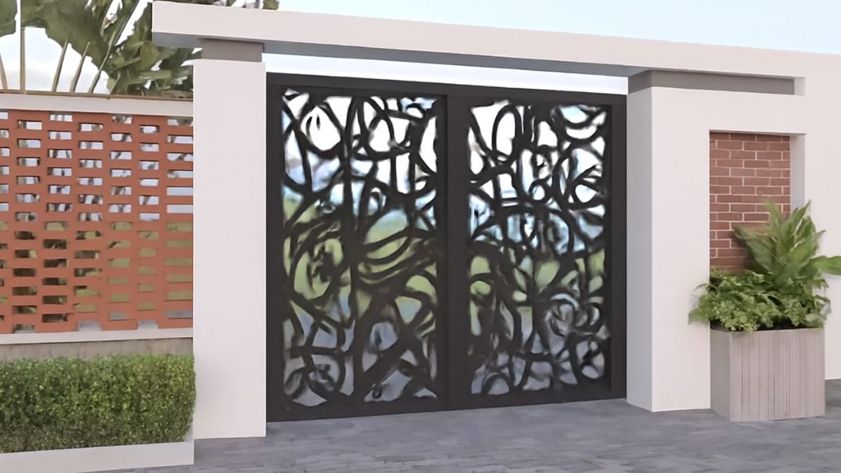 "Cổng CNC 2 cánh với thiết kế hoa văn trừu tượng mạnh mẽ, tạo điểm nhấn nghệ thuật cho không gian sống hiện đại."