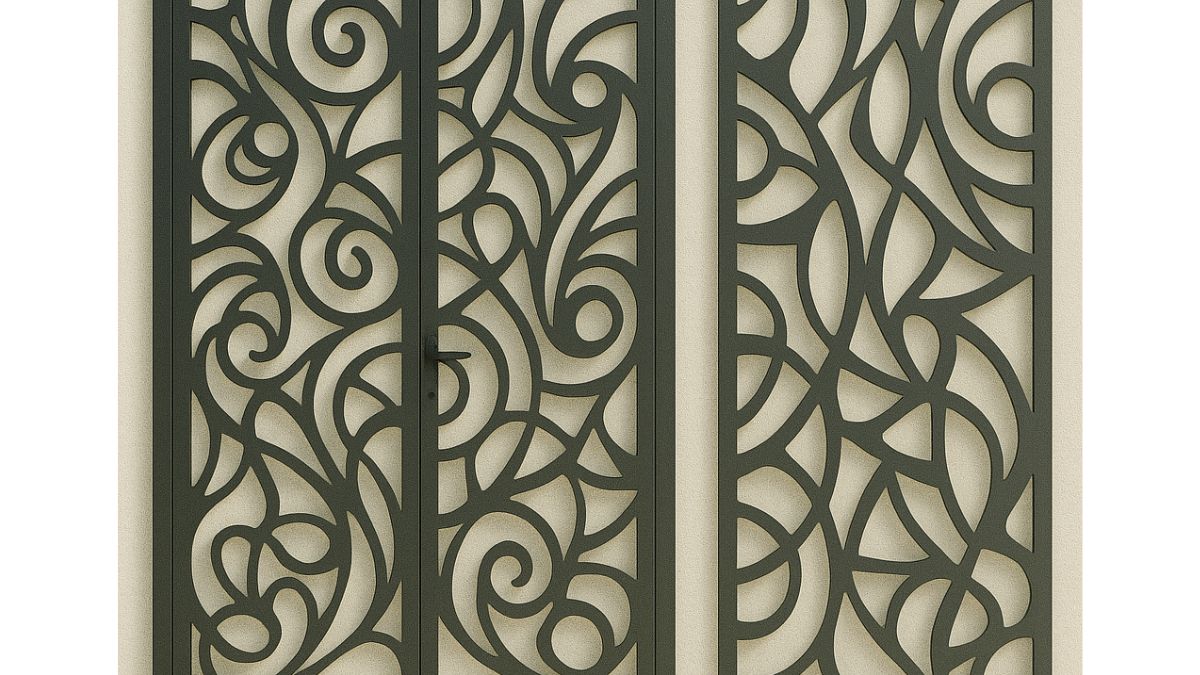 "Mẫu cửa sắt CNC hoa văn uốn lượn nghệ thuật, thiết kế họa tiết trang trí hiện đại sang trọng, phù hợp làm cửa chính và vách ngăn nhà phố."