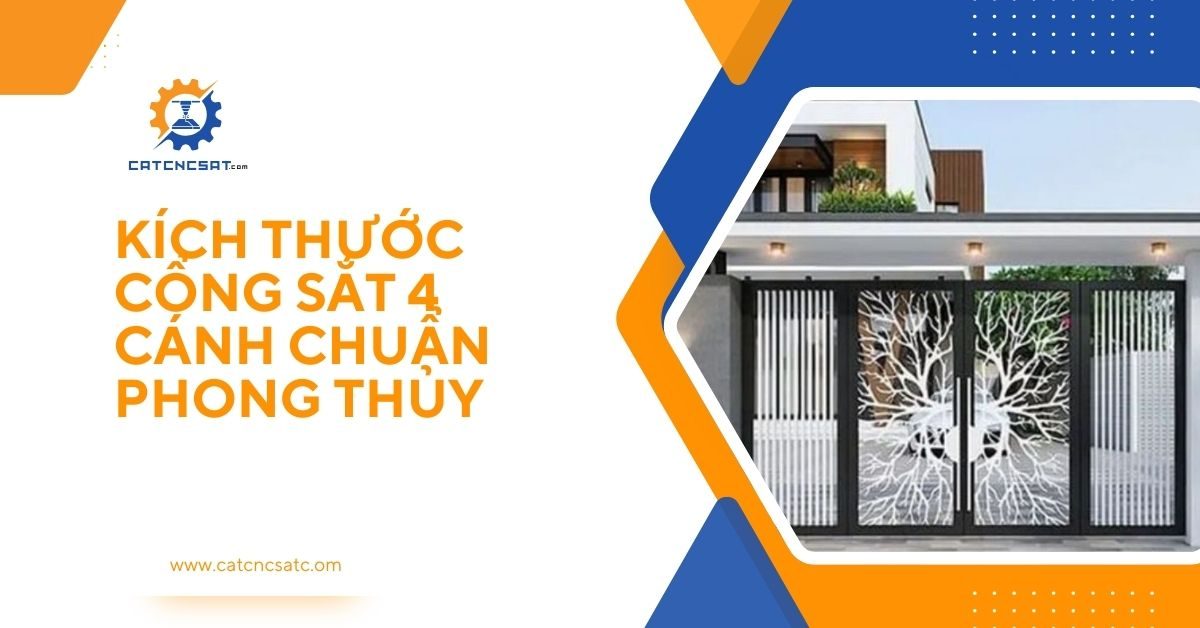 Kích thước cổng sắt 4 cánh đẹp chuẩn phong thủy, thiết kế hiện đại với hoa văn cây sinh mệnh sang trọng và chắc chắn cho nhà phố.